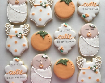 A little cutie is on the way, cutie themed cookies, cutie baby shower, orange cookies