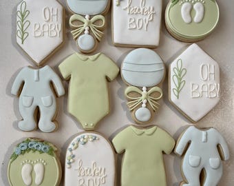 Sage & Blue Baby Shower Sugar Cookies: 12 Hand-Decorated Favors