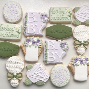 Baby in bloom, floral baby shower sugar cookies, garden sugar cookies, baby shower cookies, flower cookies, pink white and gold cookies