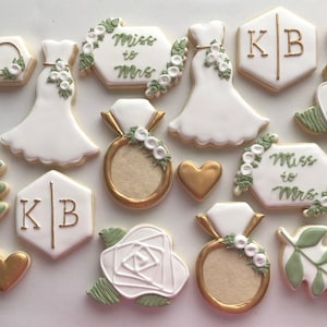 Engagement themed sugar cookies, wedding, white sage and gold, bridal shower