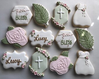 Baptism Sugar Cookies, Christening Sugar Cookies, religious cookies, cross cookies, sage and pink christening cookies