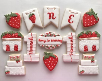 Strawberry themed sugar cookies, Berry First Birthday, farm stand, strawberries, 1st birthday,