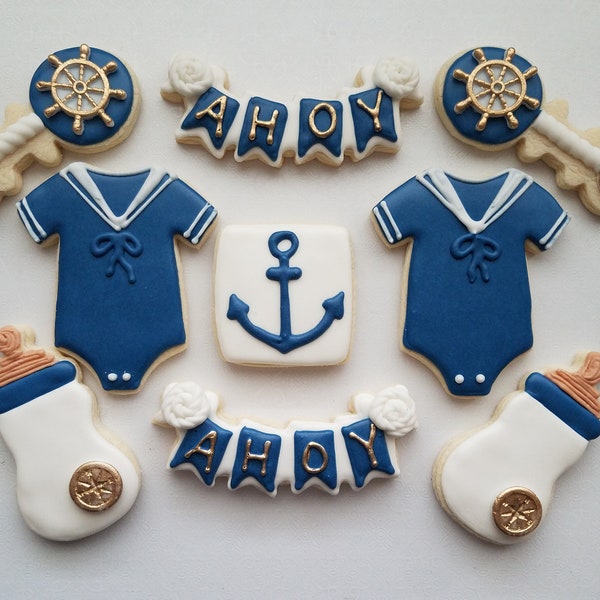 Nautical Baby Shower, Ahoy it's a boy, blue white and gold sugar cookies, nautical sugar cookies