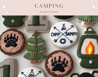 Camping themed sugar cookies, First Birthday,  Camping, outdoors, One Happy Camper
