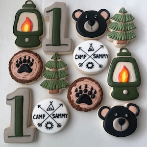 Camping themed sugar cookies, First Birthday,  Camping, outdoors, One Happy Camper