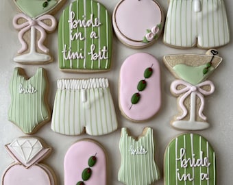 Bride in a tini bit, martini bridal shower, bride to be, olives, swimsuits, green and pink, bachelorette cookies