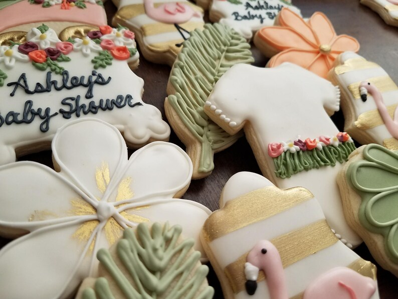 Tropical Baby Shower Sugar Cookies, Hawaiian themed cookies, flamingo sugar cookies image 5