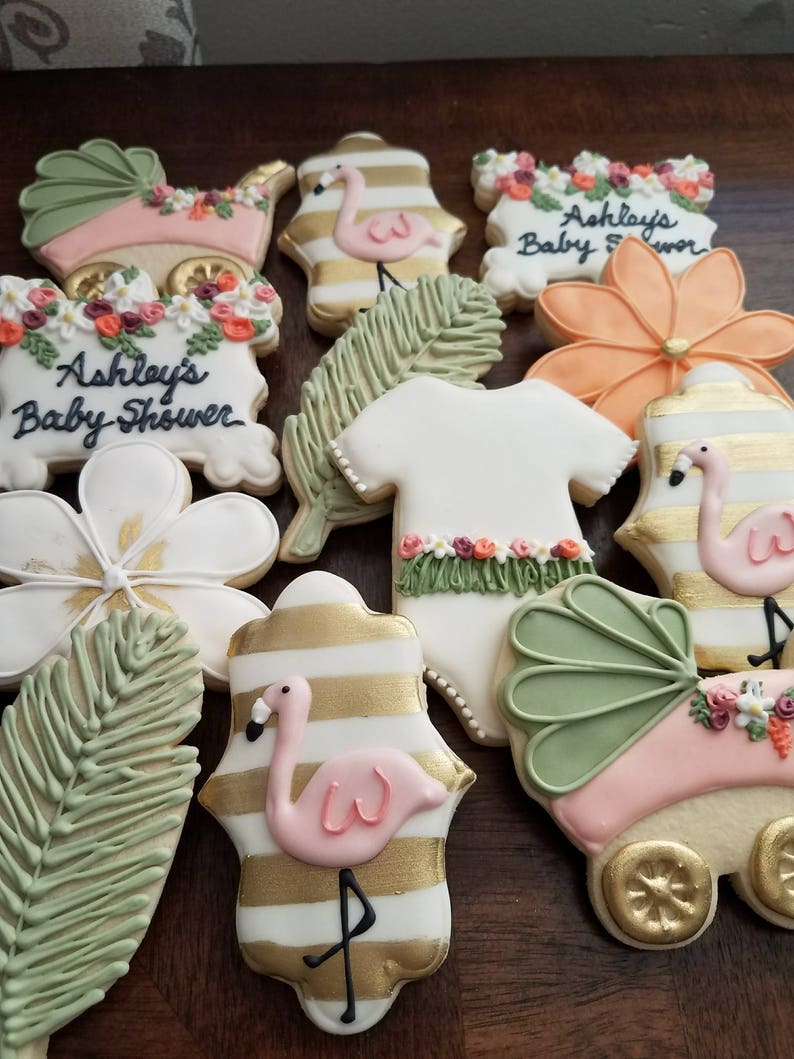 Tropical Baby Shower Sugar Cookies, Hawaiian themed cookies, flamingo sugar cookies image 3