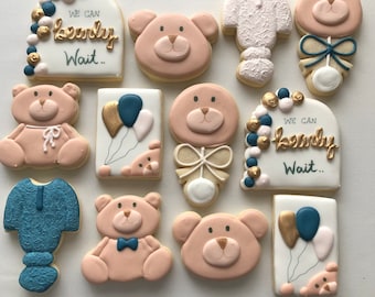 Teddy Bear Sugar Cookies: Baby Shower Gender Reveal, Set of 12