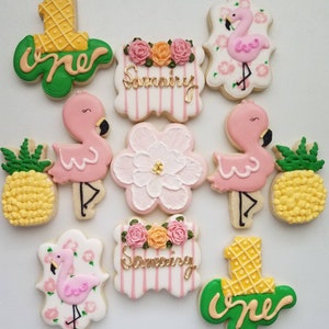 Flamingo First Birthday Sugar Cookies: Tropical Pineapple Set of 12
