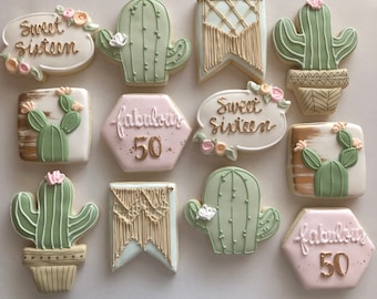 Cactus themed sugar cookies, cactus baby shower, cactus birthday, macrame