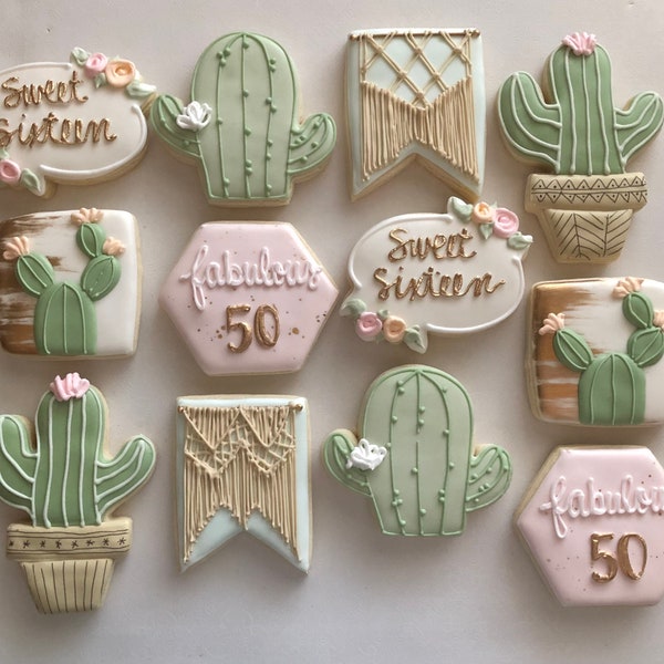 Cactus themed sugar cookies, cactus baby shower, cactus birthday, macrame