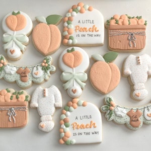 Sweet as a peach, A little peach is on the way, gender neutral peach theme, peach themed sugar cookies, gender reveal