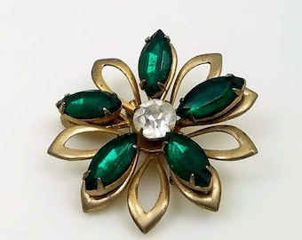 Vintage Gold Tone Flower Brooch, Emerald Green Rhinestone Pin