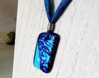 Dichroic Fused Glass Pendant Necklace, Turquoise Royal Blue, Vintage Sari Silk