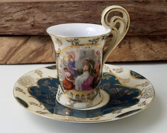 Vintage Victoria Porcelain Espresso Cup and Saucer, Green Gold Portrait