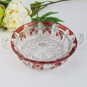 Vintage Ruby Red and Clear Pressed Glass Two Handled Dish, EAPG Cranberry Stained Glass Butter Dish Base, Victorian Glass Candy Bowl
