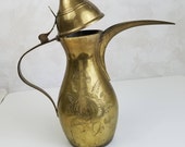 Vintage Brass Turkish Coffee Pot, Vintage Brass Dallah, Etched Brass Islamic Arabic Coffee Pot with Makers Mark, Collectible Coffee Dallah