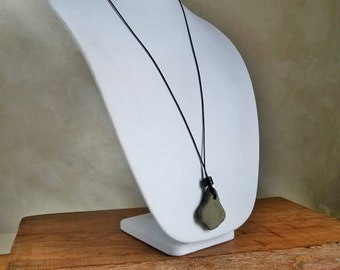 Natural River Stone Necklace, Obsidian Accent, Adjustable Leather Cord