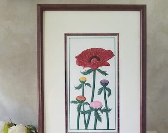 Vintage Minimalist Botanical Artwork, Framed Signed Embossed Poppy Wall Art, Wine Red Flower Art