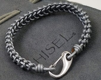 Chisel Vintage Silver Leather Woven Bracelet, Stainless Steel Hook