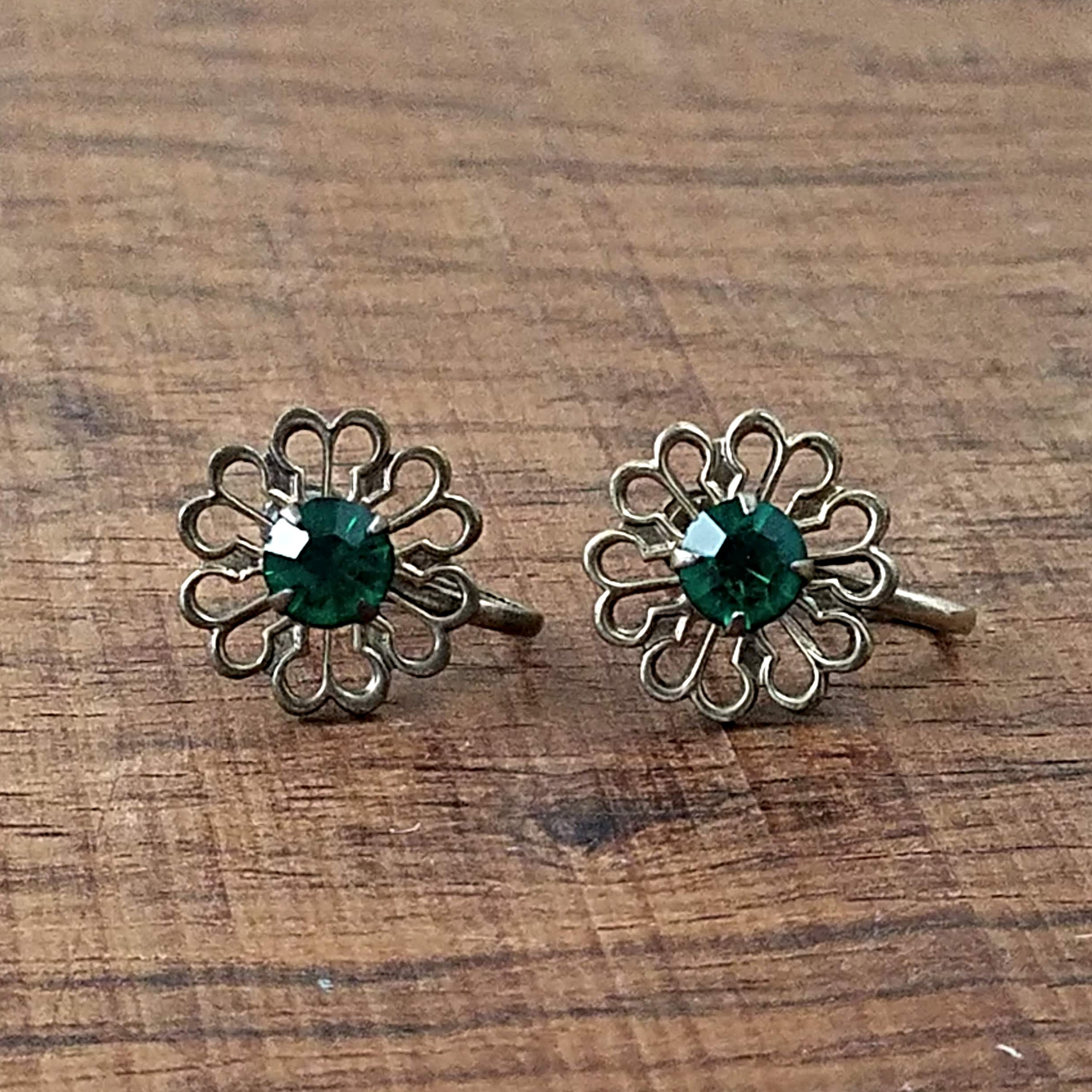 Vintage Screw Back Earrings, 2 Pairs of Mid Century Rhinestone Center