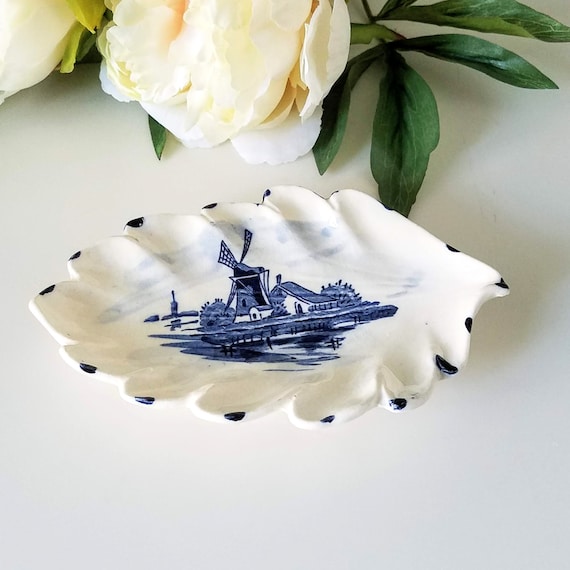 Blue Windmill Small Plate, Blue and White Delft Leaf Shaped Dish, Made in Japan, Ring Dish, Soap Dish