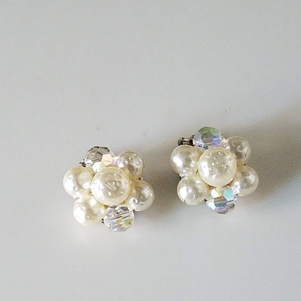 Vintage White Statement Earrings, Cluster Clip on Earrings, Faux Freshwater Pearl and Aurora Rhinestone Earrings