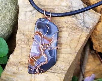 Blue Agate Tree of Life Pendant, Hand Wrapped Copper Wire, Leather Necklace