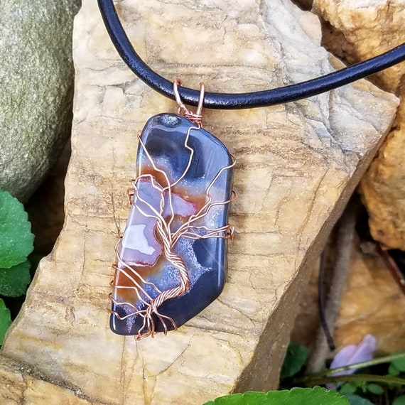Blue Agate Slice Pendant, Hand Wire Wrapped Tree Of Life Agate on Black Leather Necklace, Unisex Natural Jewelry