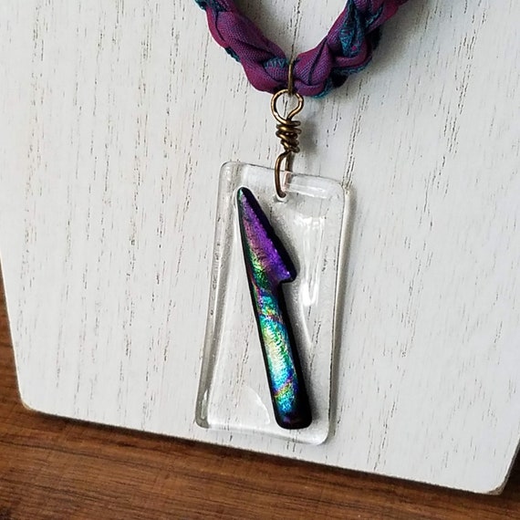 Silk Necklace with Handmade Glass Pendant, Sari Silk Ribbon Statement Necklace with Handmade Dichroic Glass Lightning Bolt