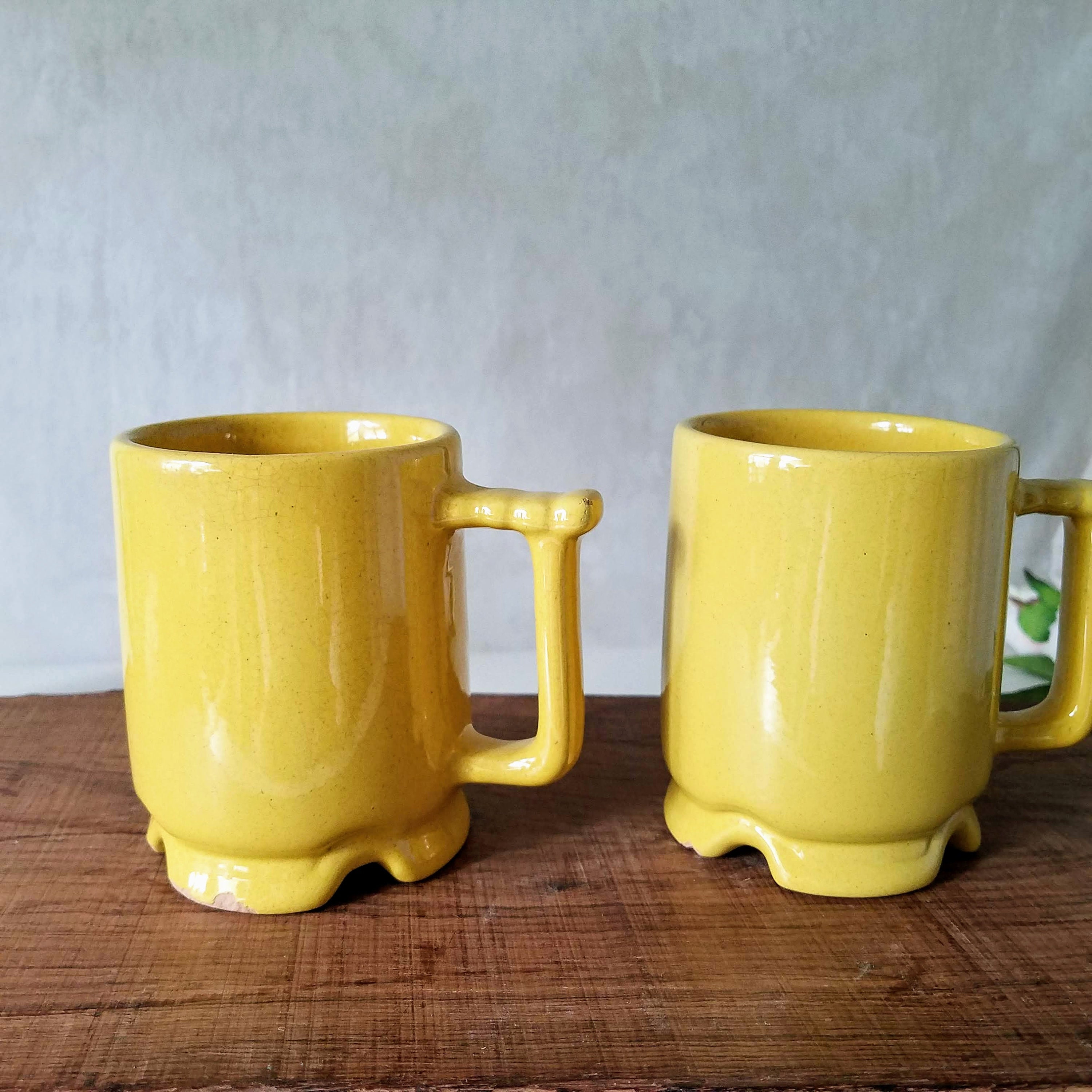 Frankoma Sunflower Yellow Pottery Mugs, Set of Two Yellow Art Pottery