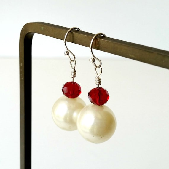 Pearl Earrings, Red White Earrings, Vintage Large Faux Pearls, Red Crystal Earrings, Romantic Glamorous Earrings, Jewelry Gift for Her,
