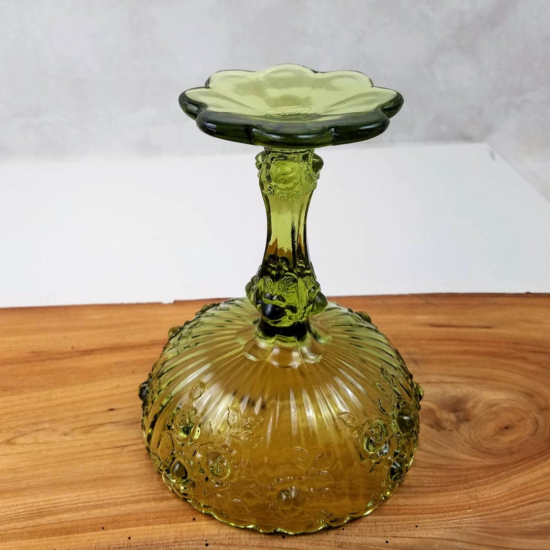 Fenton Cabbage Rose Compote Green Glass Pedestal Dish Etsy UK