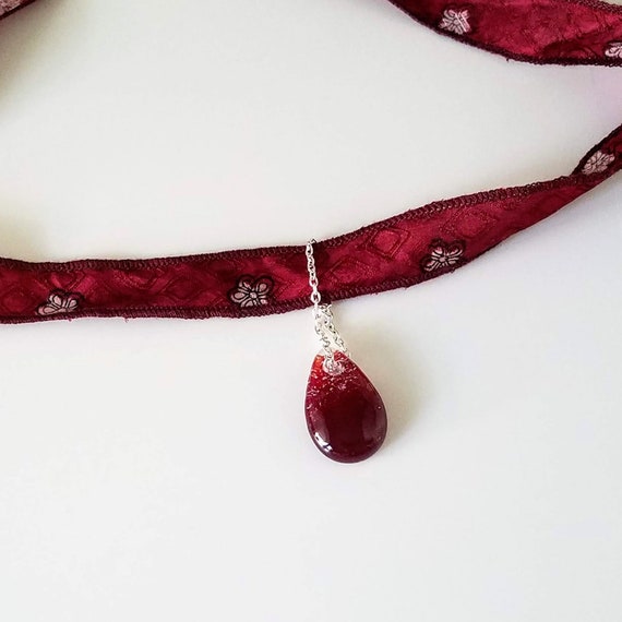 Red Glass Pendant Necklace, Handmade Red Fused Glass Teardrop Pendant on Vintage Sari Silk Ribbon Necklace