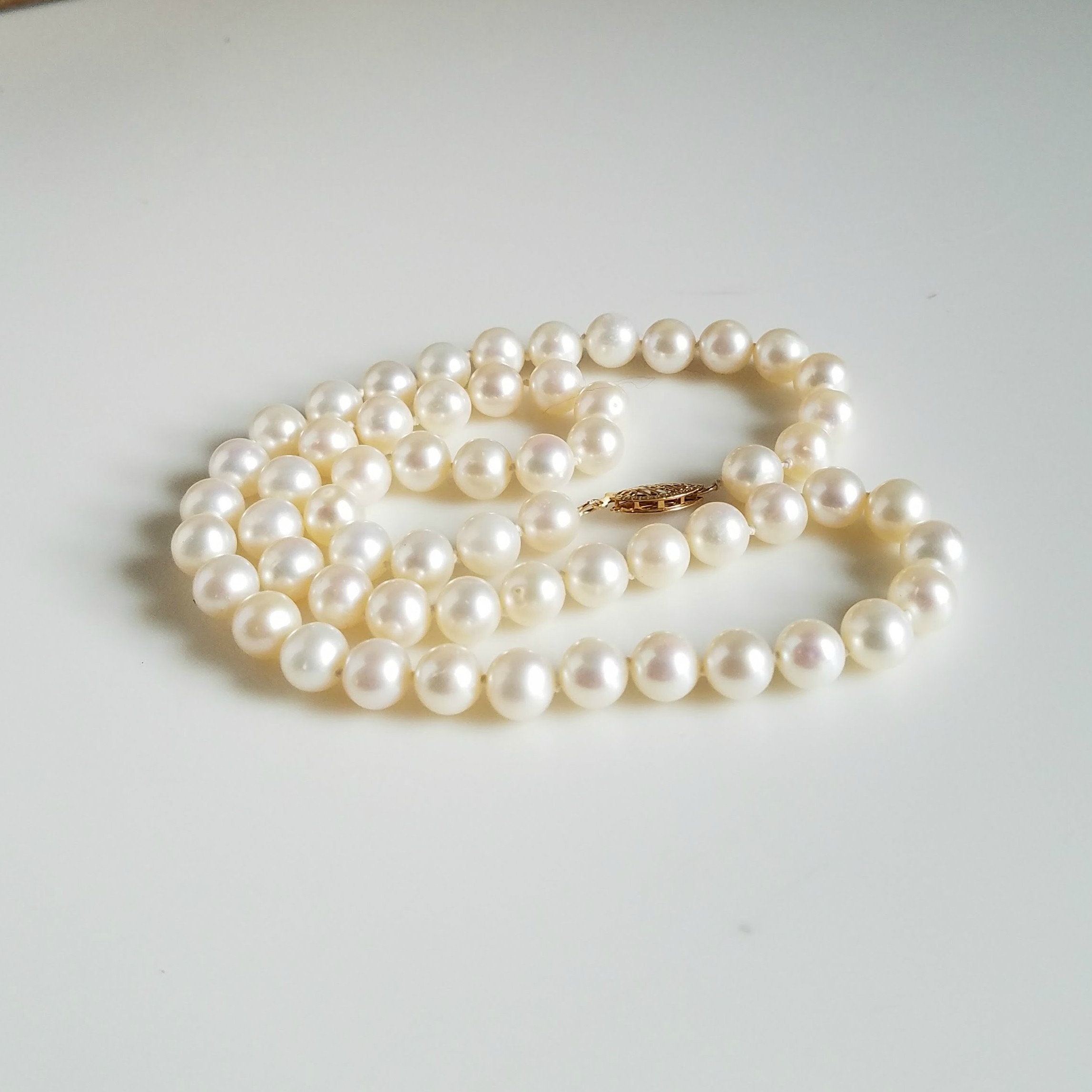 Pearl Necklace, Real Cultured Pearl Necklace with 14kt Gold Clasp ...