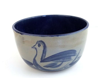 Vintage Stoneware Pottery, Gray Blue Stoneware Planter, Signed Pottery 1976, Handmade Earthenware Bowl, Folk Art Duck, Vintage Home Decor