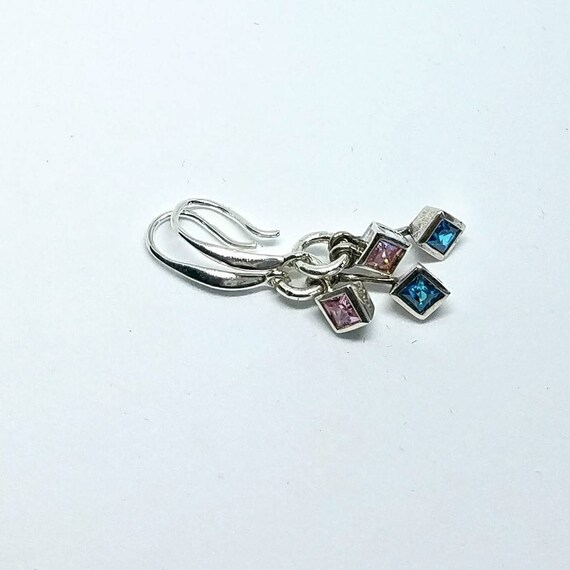Minimalist Earrings Sterling Silver and Cubic Zirconia, Pink Cubic Zirconia Blue Glass Dangle Earrings, Petite Sterling Silver Earrings