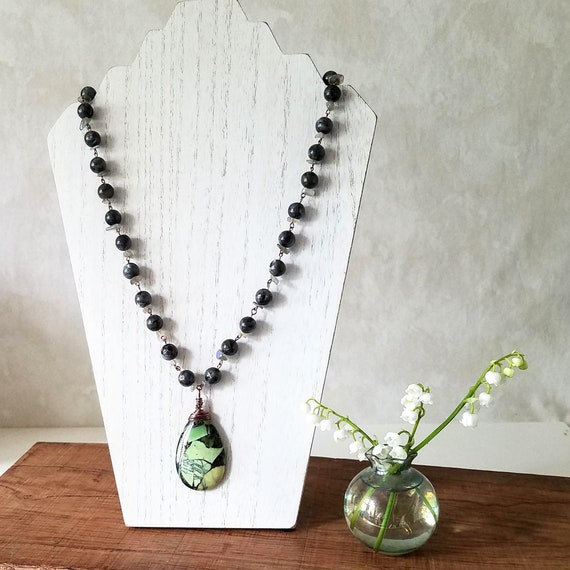 Gemstone Necklace, Black Labradorite Beaded Necklace with Green Matrix Pyrite Turquoise Pendant, Handmade Bohemian Jewelry