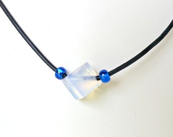 Opalite Cube Necklace, Adjustable Leather Choker, Blue Czech Glass