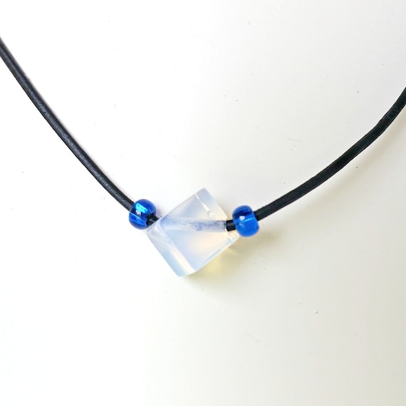 Opalite Necklace, Adjustable Leather Necklace and Choker, Minimalist Opalite Cube Necklace, Blue and White Necklace, Simple Everyday Jewelry