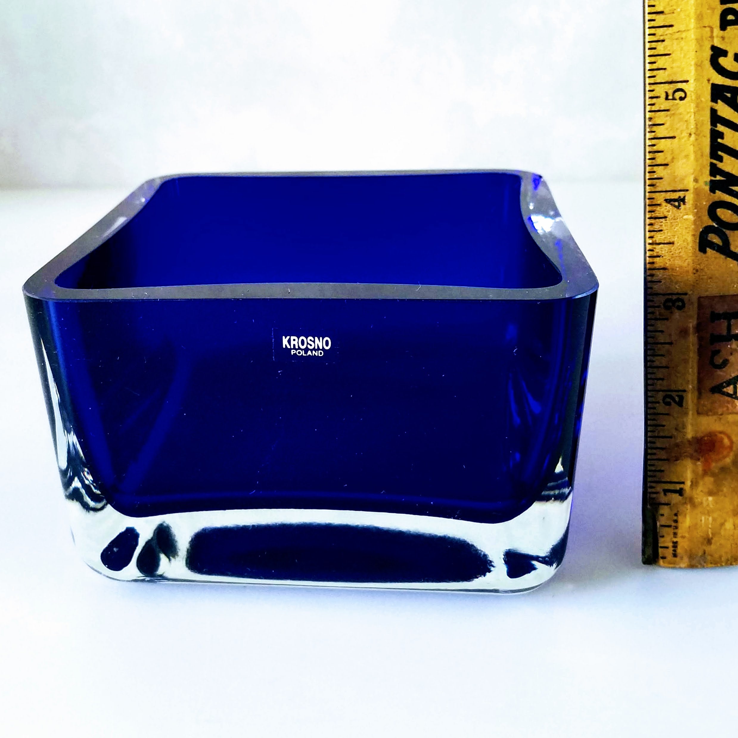 Vintage Cobalt Blue Art Glass Dish, Krosno Poland Square Hand Blown Bowl, Collectible Glass Decor