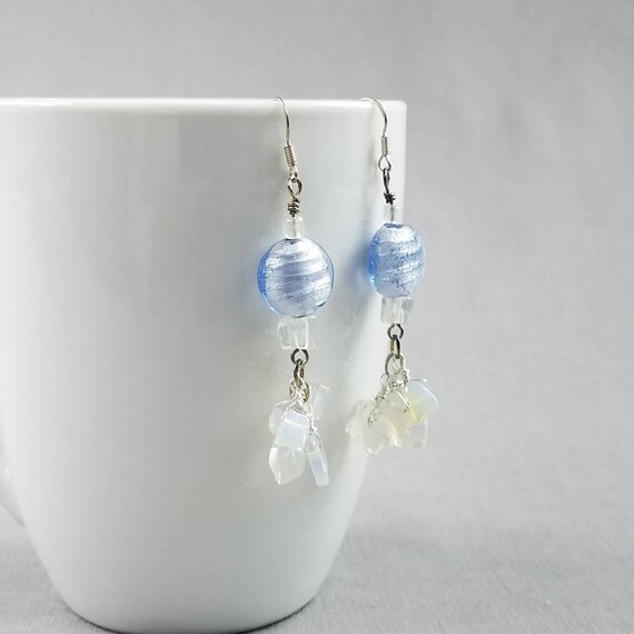 Romantic Earrings, Blue Glass Earrings, Cluster Moonstone Earrings, Bohemian Earrings, Bridesmaids Earrings, Blue White Earrings for Her