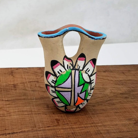 Vintage Native American Pottery, Hand Painted Small Wedding Vase, Brightly Painted Red Clay Native American Collectible Pottery Wedding Gift