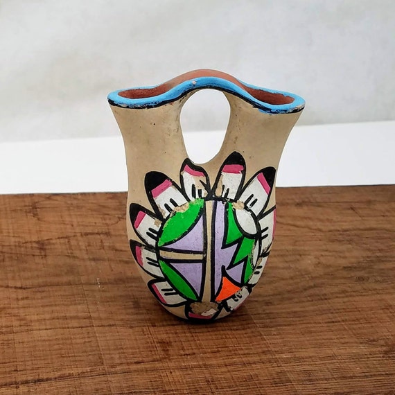 Vintage Native American Pottery, Hand Painted Small Wedding Vase, Brightly Painted Red Clay Native American Collectible Pottery Wedding Gift