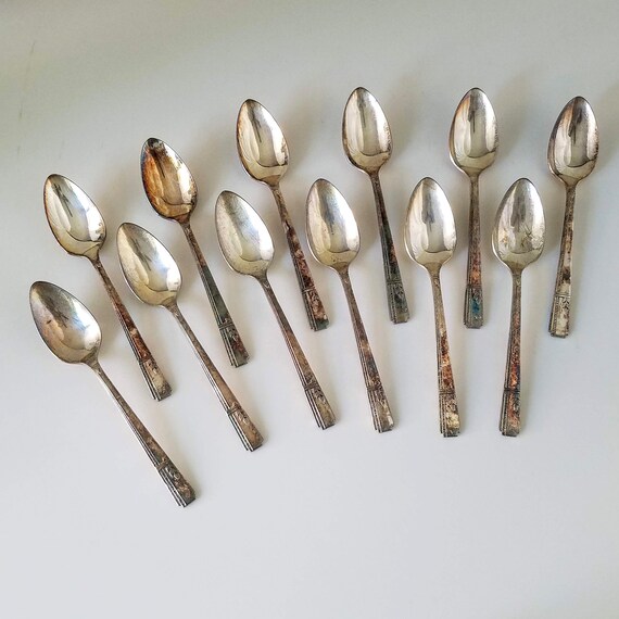 Vintage Silverplate Teaspoons, Prestige Grenoble Pattern Teaspoons, Set of 12 Art Deco Oneida Silverplate Teaspoons