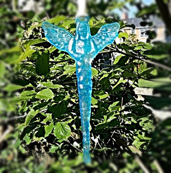 Art Glass Angel, Fused Glass Icicle Angel Suncatcher, Turquoise Blue Glass Rainbow Clear Glass Angel Keepsake Ornament