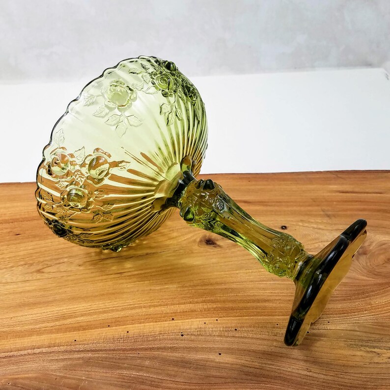 Fenton Cabbage Rose Compote Green Glass Pedestal Dish Etsy
