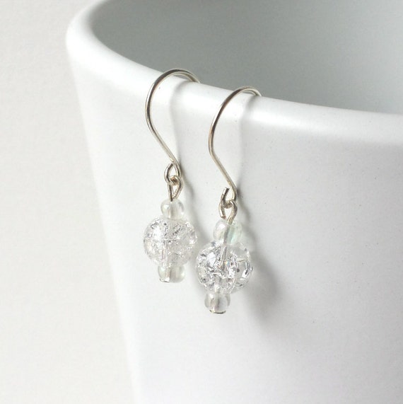 White Silver Earrings, Sparkly Silver White Glass Earrings, Crackle Glass Minimalist Earrings, Wedding Jewelry, Boho Chic Jewelry