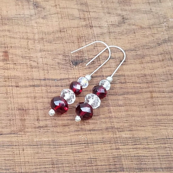 Crystal Earrings, Long Faceted Red Crystal Dangle Earrings made with Red and Clear Crystals, Romantic Jewelry Gift for Her